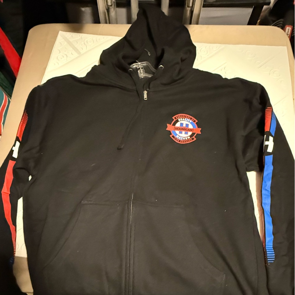 Men's Black Zip-Up Hoodie with Red and Blue Stripes